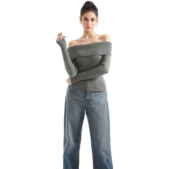 Women Hemp Gray Off Shoulder Long Sleeve Tops Blouse Sweaters - Picture 2 of 7
